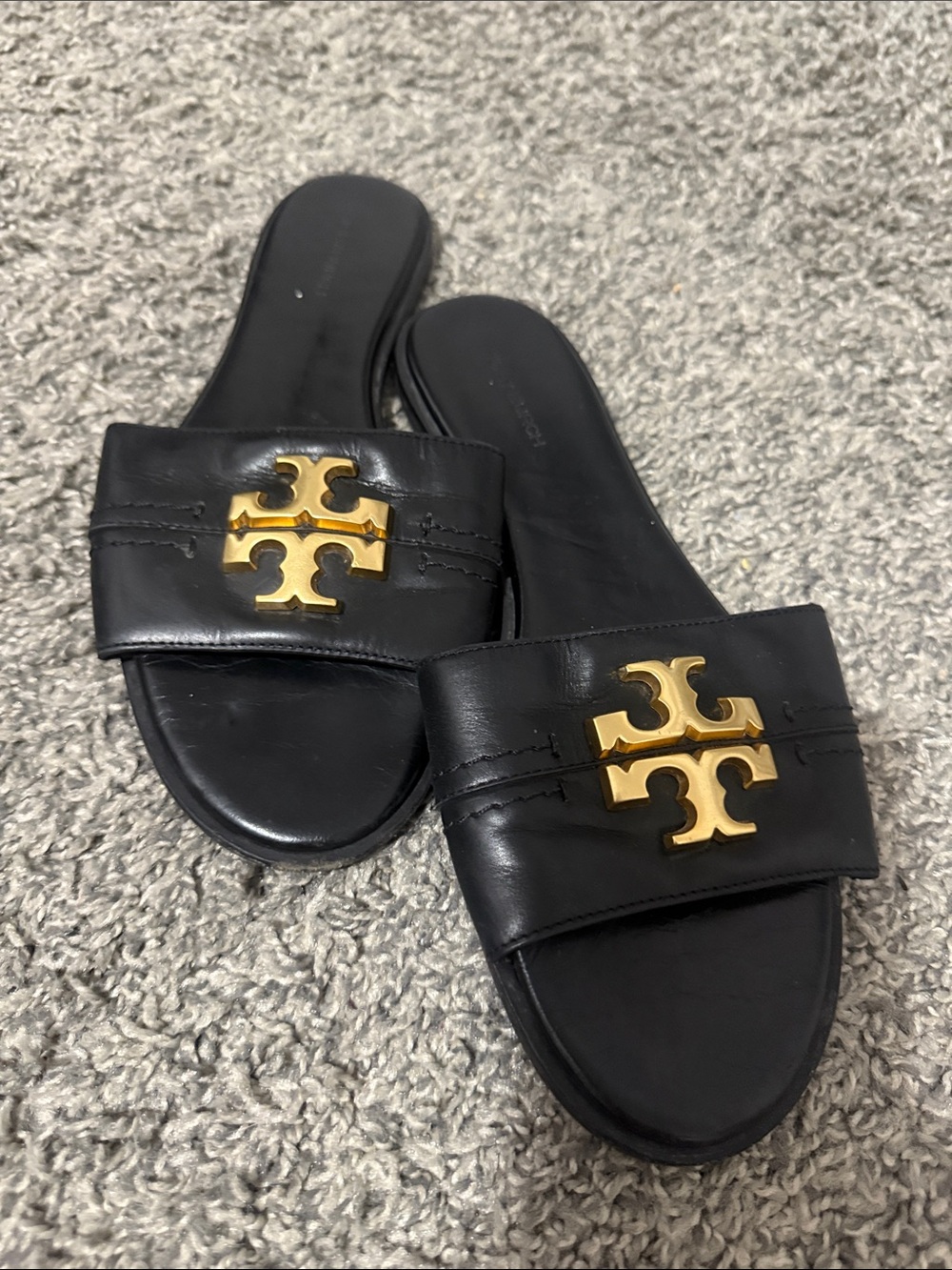 Tory Burch Black Leather Slide Sandals with Gold Logo Emblem